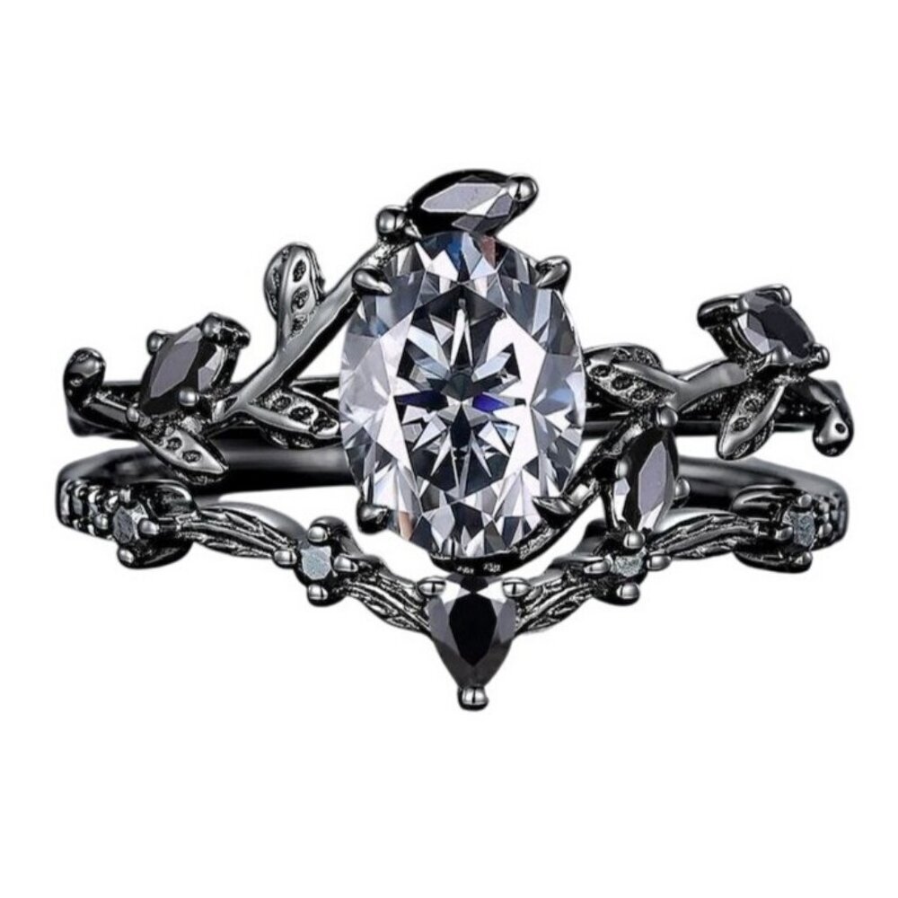 Pear Cut Gray Moissanite Celtic Knot 2 pc Bridal Wedding engagement ring Rhodium